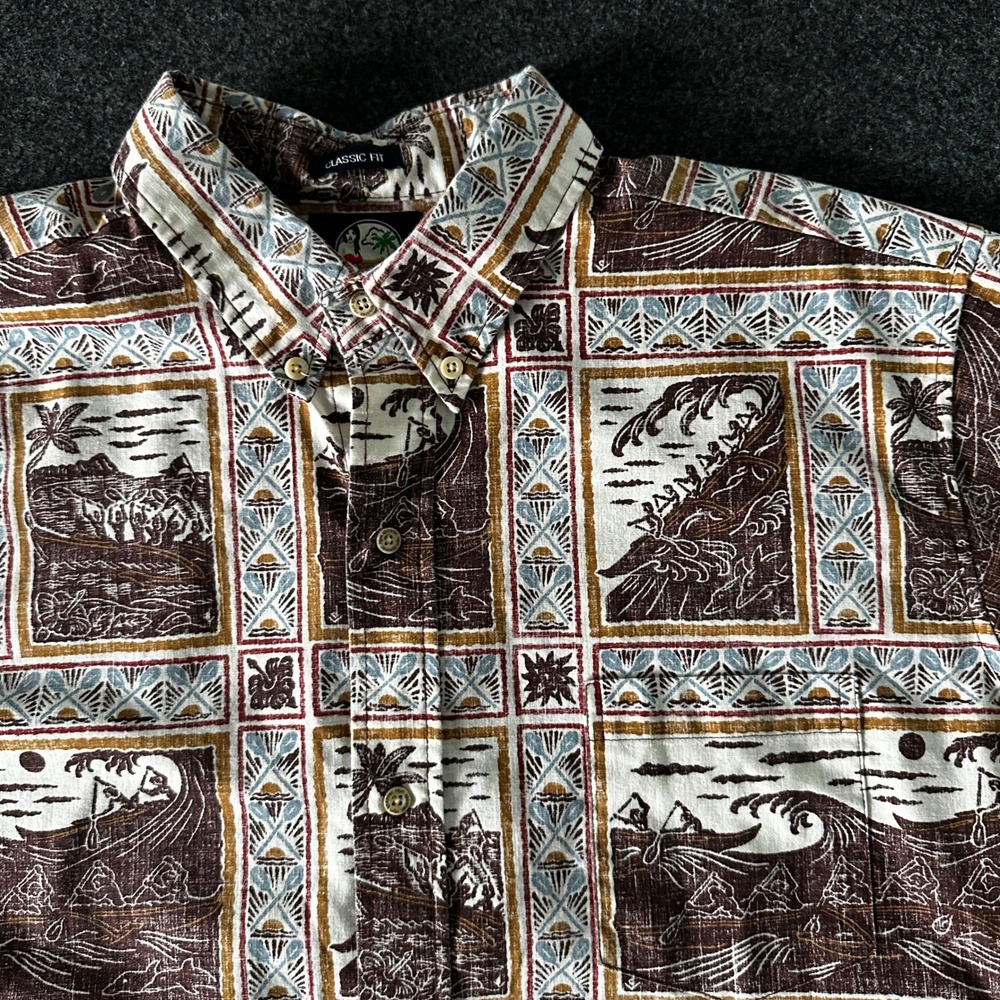 Reyn Spooner Mens XL Classic Fit Hawaiian Aloha Shirt Brown Surfing Canoe Print